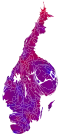 Cartogram of vote with each municipality rescaled in proportion to number of valid votes cast. Deeper blue represents a relative majority for the centre-right coalition, brighter red represents a relative majority for the left-wing coalition.