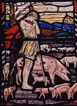 Detail from the Prodigal Son window, St Mary's, Lanark: six episodes from the Parable of the Prodigal Son. Here he "fain would fill his belly with the husks that the swine did eat"
