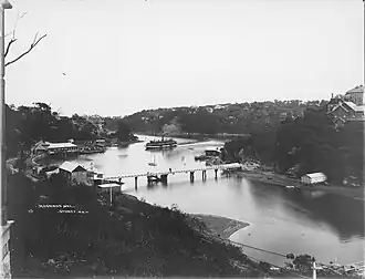 Mosman Bay circa 1905 showing Edwardian ferry wharf and footbridge which was removed in the 1960s
