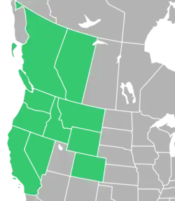Symphyotrichum campestre native distribution map: Canada — Alberta and British Columbia; US — California, Colorado, Idaho, Montana, Nevada, Oregon, Washington, and Wyoming.