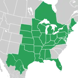 Symphyotrichum praealtum distribution map: Canada — Ontario; Mexico — Chihuahua, Coahuila, and Nuevo León; US — Alabama, Arkansas, Connecticut, Delaware, District of Columbia, Florida, Illinois, Indiana, Iowa, Kansas, Kentucky, Louisiana, Maine, Maryland, Massachusetts, Michigan, Minnesota, Mississippi, Missouri, Nebraska, New Hampshire, New Jersey, New York, Ohio, Oklahoma, Pennsylvania, Rhode Island, South Dakota, Tennessee, Texas, Virginia, West Virginia, and Wisconsin.