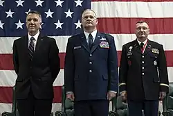 Knight preparing to assume command of the Vermont National Guard in March 2019 with predecessor Steven Cray and Governor Phil Scott