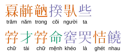 The characters 「𤾓𢆥𥪞𡎝𠊛些.𡨸才𡨸命窖𱺵恄𠑬𠑬.」 corresponding to "Trăm năm trong cõi người ta. Chữ Tài chữ Mệnh khéo là ghét nhau." in the Vietnamese alphabet