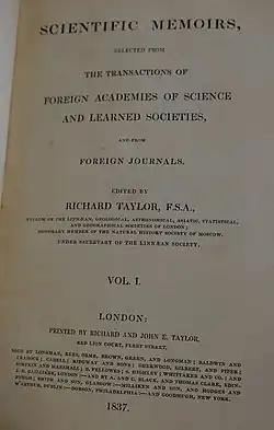 Title page to volume I of Taylor's Scientific Memoirs (1841)