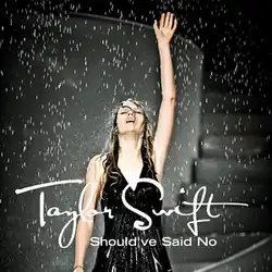 Cover artwork of "Should've Said No" has standing in the rain with her left arm up, there are stairs behind her to the right. The stairs are white