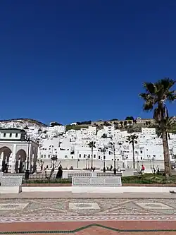 Moroccan city, with white buildings in Islamic style, photographed on 2017