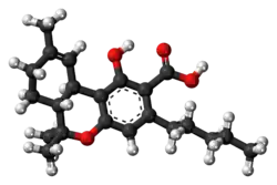 Ball-and-stick model of the tetrahydrocannabinolic molecule