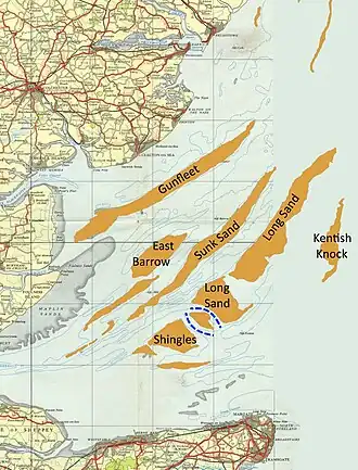 The main sandbanks of the Thames estuary, about 1953. The dashed lines between Long Sand and Shingles indicate the Edinburgh Channels