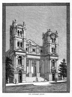 Black and white print of a building with two tall towers, a central portico with columns, and arched windows. A caption reads "The Australian Church".