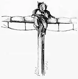 Cartoon of Jones atop of a ship's mast, looking scared