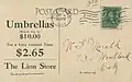 Lion Store postcard advertisement for umbrellas (reverse), 1908