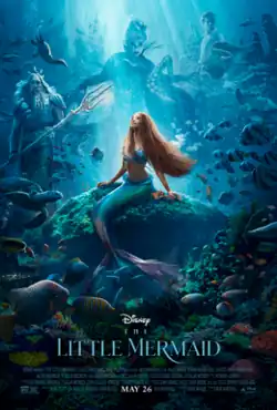 A mermaid with long hair sits at the bottom of the ocean and stares longingly at the surface as an assortment of characters are shown in the background.