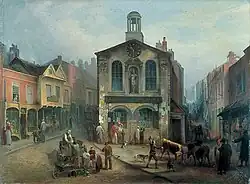 A painting of a small classical building with a cupola in the middle of a shopping street