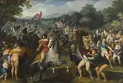 Painting depicting a scene from Plutarch showing Persian Women raising their skirts to mock their menfolk fleeing a battlefield