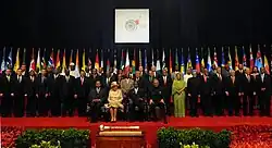 The Queen posing with Commonwealth leaders at the 2009 CHOGM in Port of Spain, Trinidad and Tobago