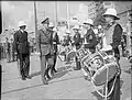 Prince Bernhard of the Netherlands inspecting the Royal Marine Band (Portsmouth Division) during the opening of an Allied Naval Exhibition in Rotterdam, 1945.
