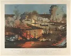 Print of masted 19th-century warships fighting in a river with a fort on either bank; shells are exploding in the air and some of the ships are on fire
