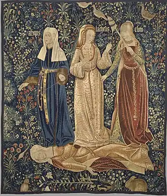 The three fates, Clotho, Lachesis and Atropos, who spin, draw out and cut the thread of life. (Flemish tapestry, Victoria and Albert Museum, London