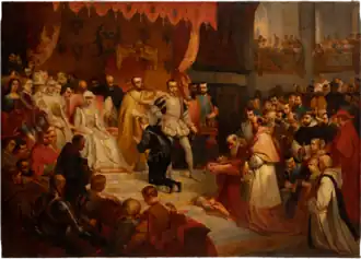 Abdication of Emperor Charles V. The painting shows his sister, Queen Mary of Hungary, wearing white even though she never wore anything but black after her husband's death, 1841