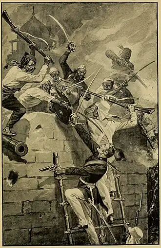 Drawing of two armed men on a ladder attempting to scale a wall defended by several other armed men