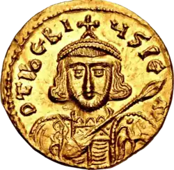 An golden coin depicting Tiberius III