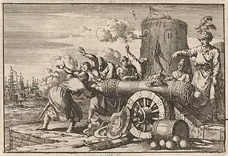 Soldiers load a man alive into a cannon