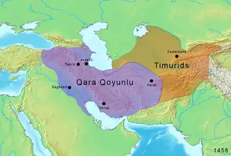 Maximum extent of Qara Qoyunlu territory ( ) in 1458 under Jahan Shah