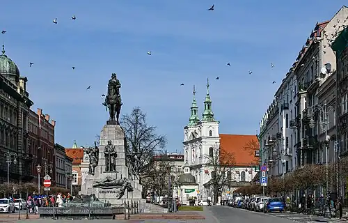 Matejko Square. From left to right, Tomb of the Unknown Soldier, Grunwald Monument, and (in background) St. Florian's Church