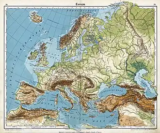 Map representing the geography of Europe, with the mountain ranges separating southern Europe