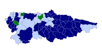 Color-coded map of Asturias, with most Asturian place-names official
