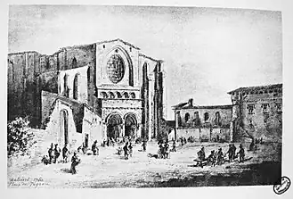 Basilique Saint-Sernin and Saint-Raymond College connected by the Peyrou arch in 1760. Drawing by Pierre Joseph Wallaert.