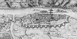 Excerpt from René Siette's map from 1619: initial plan of the walls in their revised version from 1599 with all the bastions.
