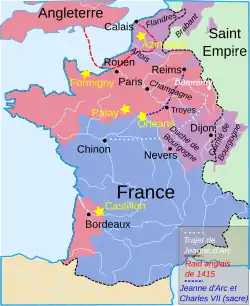 Map of France in 1429 showing territories controlled by Charles VII in the south, Henry V in the north, and the Duke of Burgundy in the east