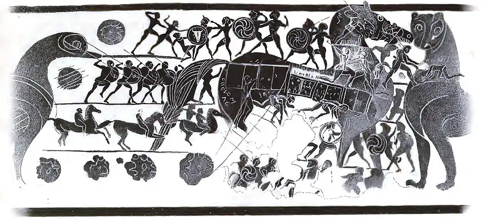 Depiction of the Trojan Horse on a Corinthian aryballos (ca. 560 BC) found in Cerveteri (Italy)