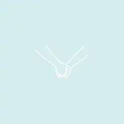 Two arms, holding hands, on a light blue background.