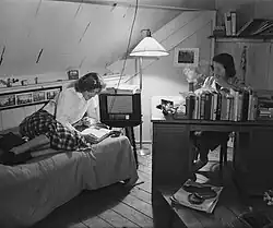 Student room in the attic of the school building, April 1946