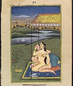 2 women using carrots as dildos, 20th century gouache painting