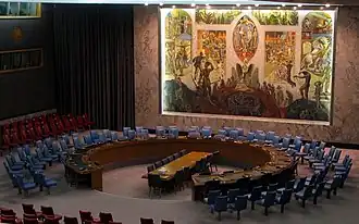 The Security Council meeting room exhibits the mural by Per Krohg (1952)