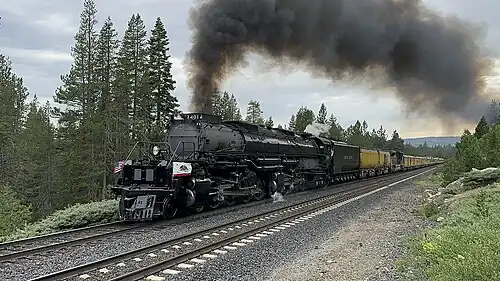 Union Pacific No. 4014 charges towards the Norden snow shed at Donner Pass on July 14, 2024