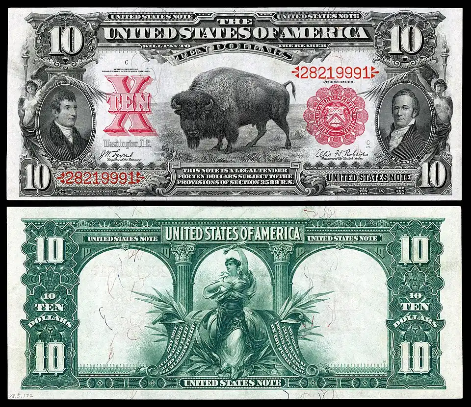 Series 1901 $10 legal tender depicting an American bison