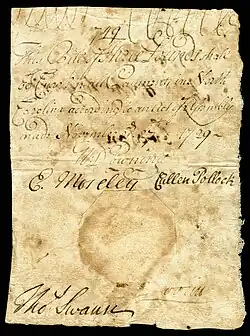 North Carolina colonial currency, 3 pounds sterling, 1729 (obverse)