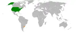 Map indicating locations of USA and Uruguay