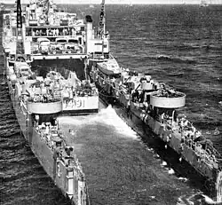 USS Casa Grande (LSD-13) discharging LCU-1491 from her well deck, circa 1957