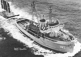 USS Unadilla (ATA-182) underway while towing a target sled, date and location unknown