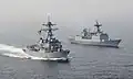 USS Wayne E. Meyer and ROKS Wang Geon in a bilateral exercise on 24 April 2017.