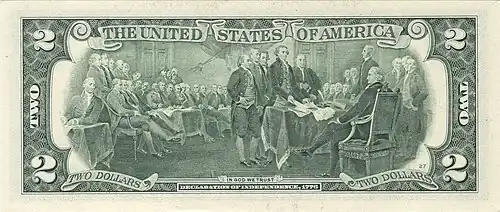 A U.S. $2 bill, issued in 2003, featuring the Committee of Five presenting its draft of the Declaration of Independence to the Second Continental Congress
