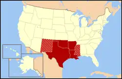 States in dark red are traditionally included in the West South Central states, while states in pink may be broadly included, although they form part of the Mountain states and East South Central states regions