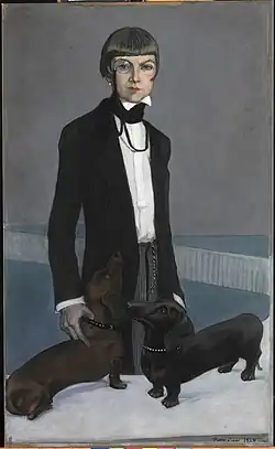 Modernist painting of a slender, middle-aged woman in a tuxedo, wearing a monocle. She stares out at the viewer past two black dachshunds.