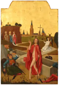 Resurrection of Jesus (detail from the Colmar Altarpiece). The mutilation of the panel can most clearly be seen at the lower right.