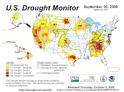 A drought map of the United States in September 2008. The map shows most of the western US and southeastern US in some form of drought. More severe droughts show up as orange or red, while minor droughts show up as yellow.